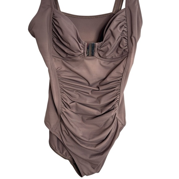 Calvin Klein Pleated One Piece Swimsuit Brown Slimming Size 10 Silver Logo Swim - Picture 1 of 14